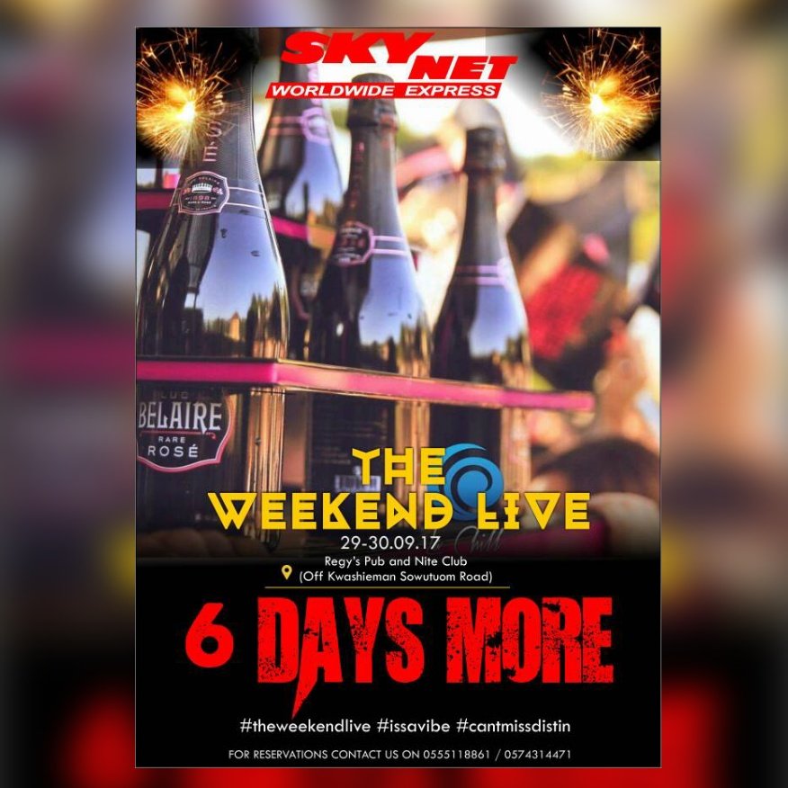 Je_suis_Banner1's tweet photo. 6 days out..
The largest club rave
September shutdown
29.09.17 and 30.09.17
Regular tickets 50ghc 4 both days
Call 0555118861 and 0574314471 https://t.co/nUoO27fA3p