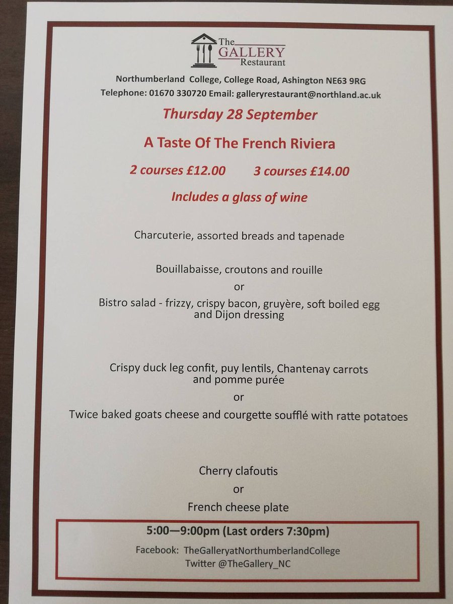 Join us next Thursday for a taste of the French Riviera. <a href="/NorthlandColl/">Northumberland College</a> <a href="/NlandEats/">Northumberland EATS</a> <a href="/AshingtonTown/">Ashington Town Team</a> <a href="/LeisureLearn/">Leisure Learning</a>