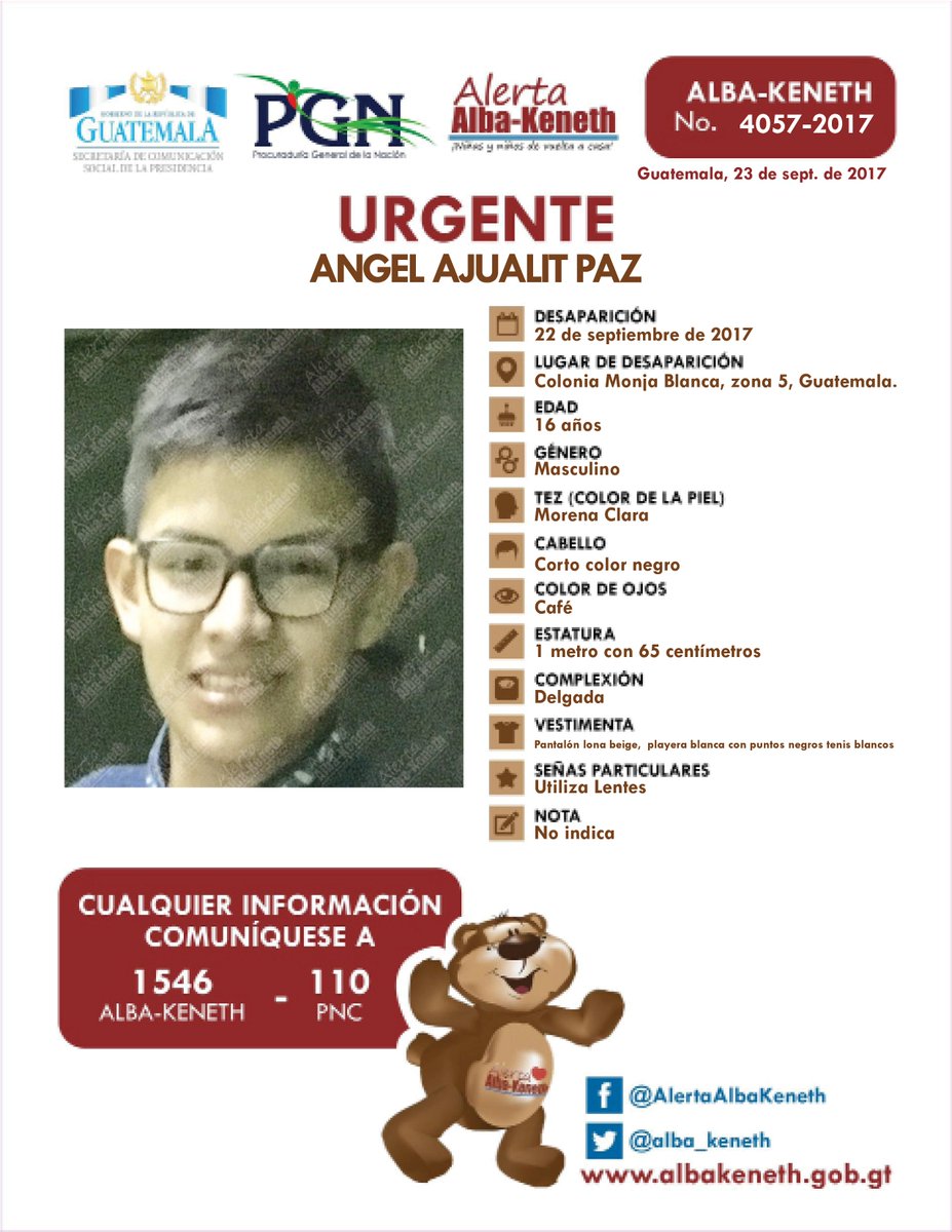 alba_keneth's tweet photo. #URGENTE ANGEL AJUALIT PAZ 16 (A) #DESAPARECIO EL 22/09/2017 COLONIA MONJA BLANCA ZONA 5 GUATEMALA #ALBAKENETH https://t.co/z7STbjsWMk