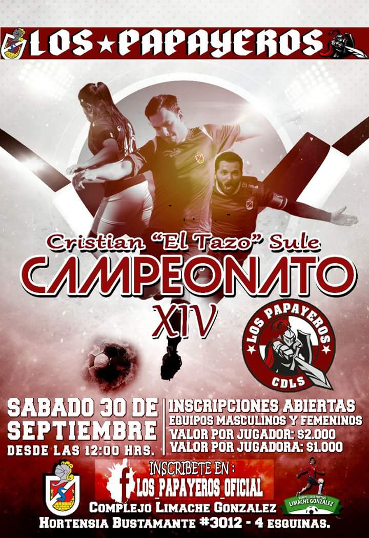 Copa Cristian "Tazo" Sule prox sabado 30. Inscriban su equipo y cooperen para la salida del clásico. 2000 x jugador y 1000 x jugadora.