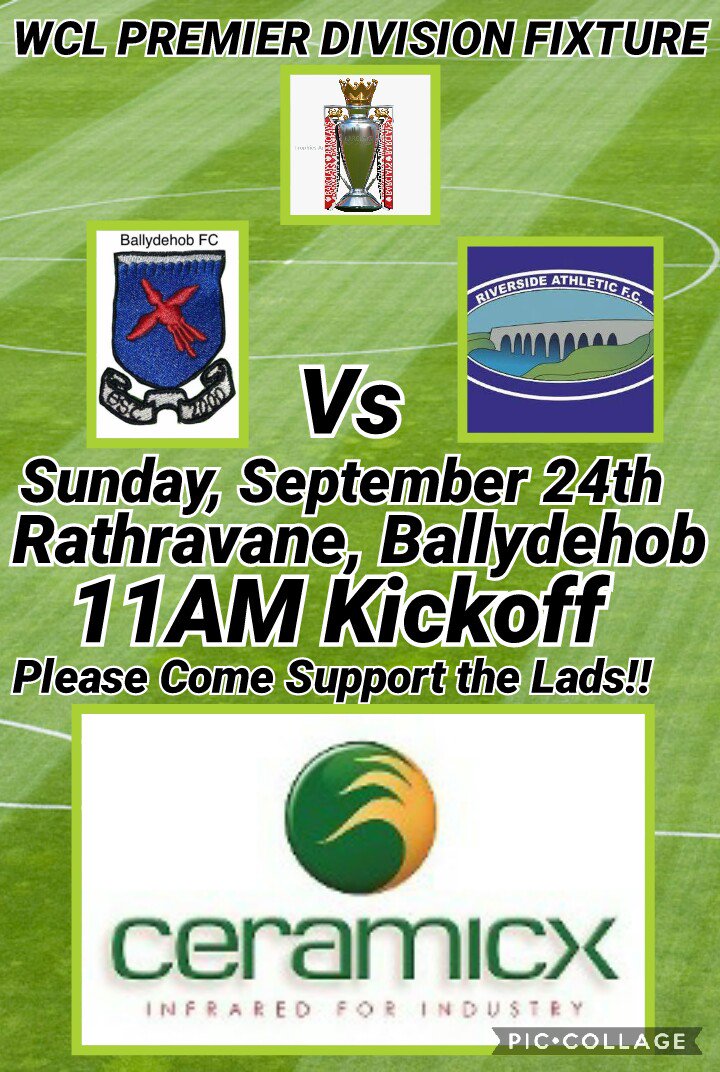 Ballydehob FC (@ballydehobfc) on Twitter photo <a href="/BALLYDEHOBFC/">Ballydehob FC</a> vs <a href="/RiversideAFC99/">Riverside Athletic</a>
11AM in Rathravane
Match kindly sponsored by <a href="/Ceramicx/">Ceramicx Ltd</a>.
Please Support the Lads! <a href="/BALLYDEHOBFC/">Ballydehob FC</a> vs <a href="/RiversideAFC99/">Riverside Athletic</a>
11AM in Rathravane
Match kindly sponsored by <a href="/Ceramicx/">Ceramicx Ltd</a>.
Please Support the Lads!