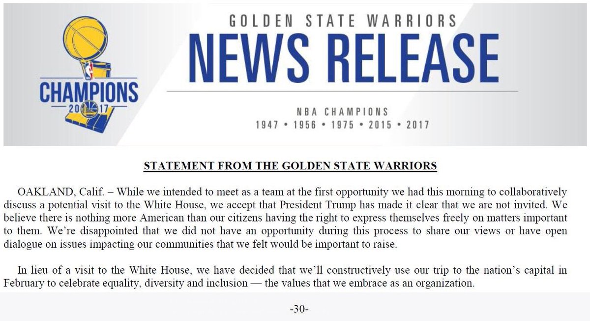 Golden State Warriors respond to President Donald Trump. https://t.co/QcJAIeoryg