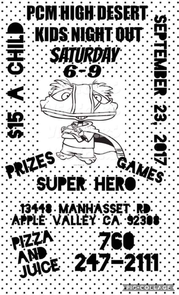 PCMHighDesert's tweet photo. It's not too late to take your woman out to eat, come drop your kids off at kids night out it's a bargain $15 and we feed them https://t.co/cGHbrkhht2