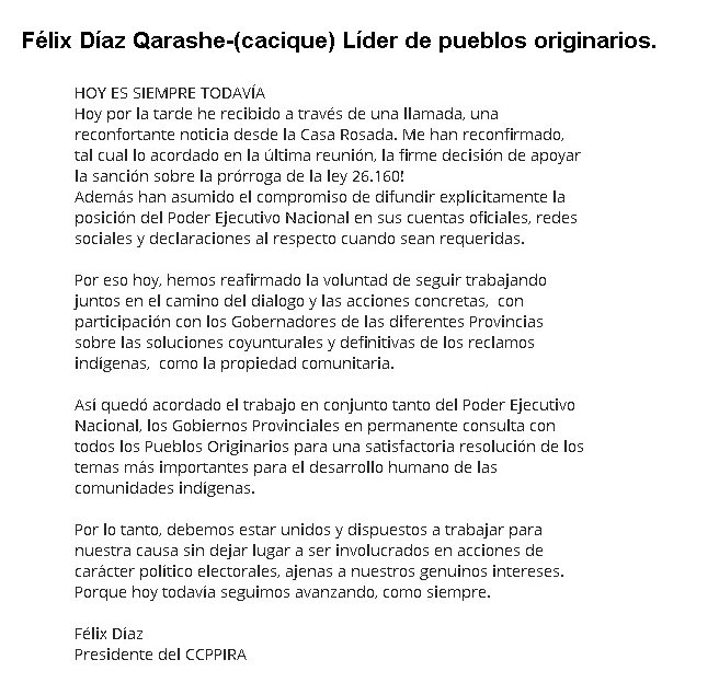 Vidalistas's tweet photo. ATENCIÓN "CAMBIEMOS" -COMPROMETIDOS DE VERDAD!!- Comunicado de: Félix Díaz Qarashe-(cacique) Líder de pueblos originarios. -COMPARTIRR!! https://t.co/EHvsIza7rB