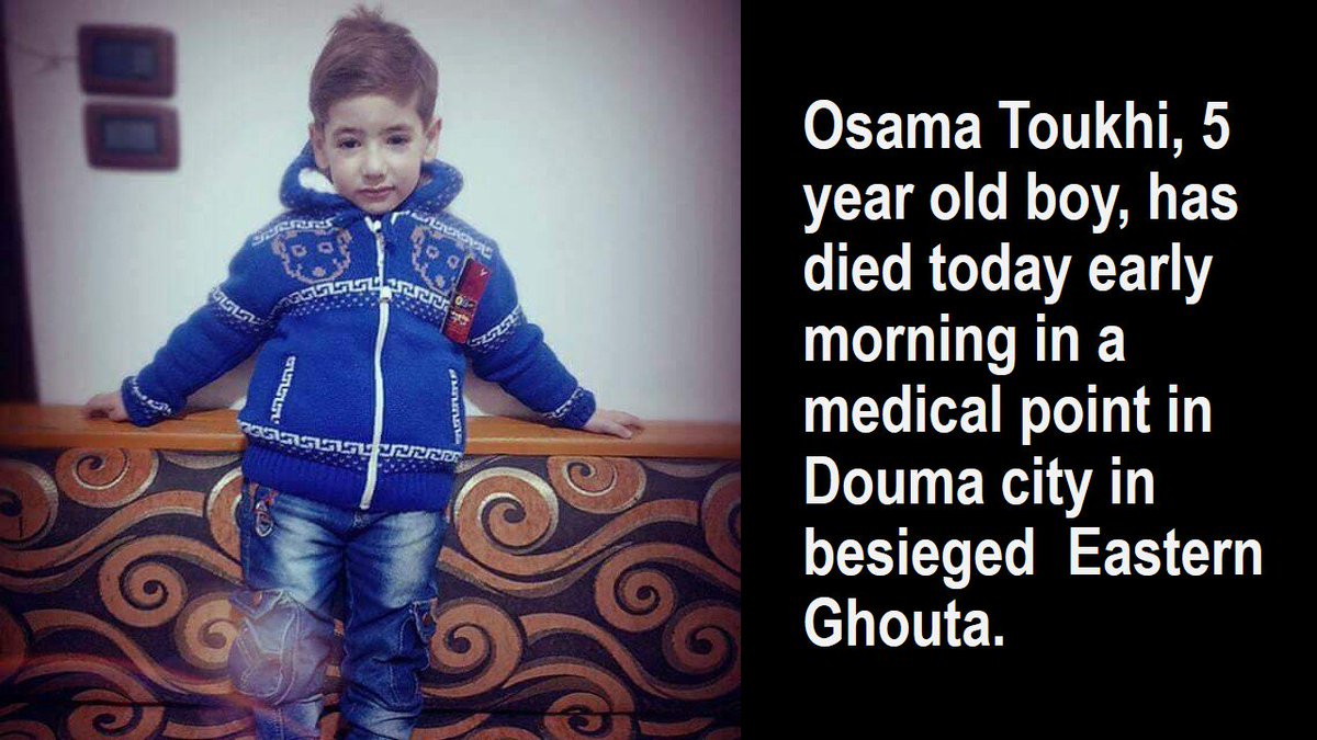 Syria_Irl's tweet photo. Sweet 5yr old Osama Toukhi #Douma Died of Encephalitis, Drug to SAVE HIM 10km away Damascus #AssadBesiegesGhouta https://t.co/lfrY6SFTAg