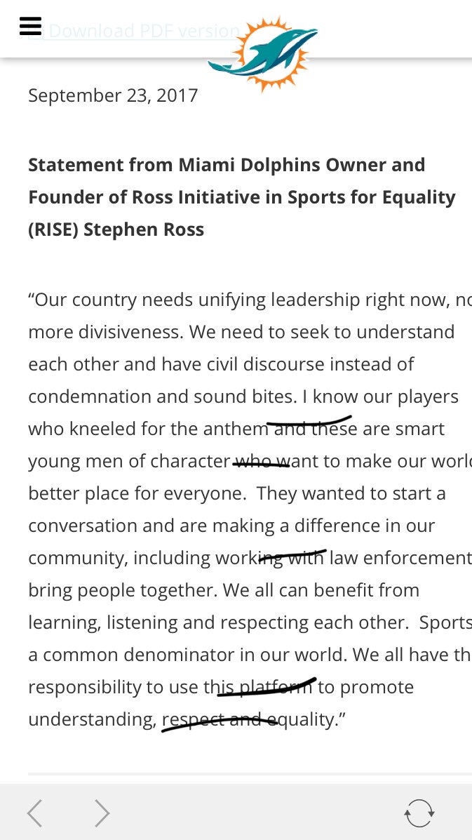 AdamSchefter's tweet photo. Dolphins owner Stephen Ross weighs in on President Trump’s comments: https://t.co/WnhQ7drTwe