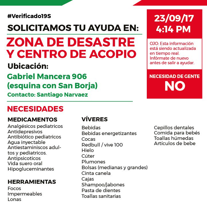 article19mxca's tweet photo. En Gabriel Mancera 906 se necesitan estos medicamentos 💊, víveres 🍉 y herramientas 🛠️. #Verificado19S #InfoReal https://t.co/s48Jr2P4uw