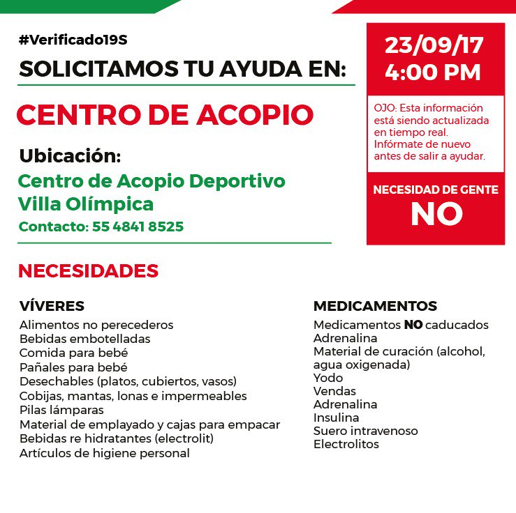 article19mxca's tweet photo. Difunde y ayuda con estos víveres 🍉, medicamentos 💊 y materiales de curación 🤕 al Deportivo Villa Olímpica. #Verificado19S #InfoReal https://t.co/OoxmHLCNhB