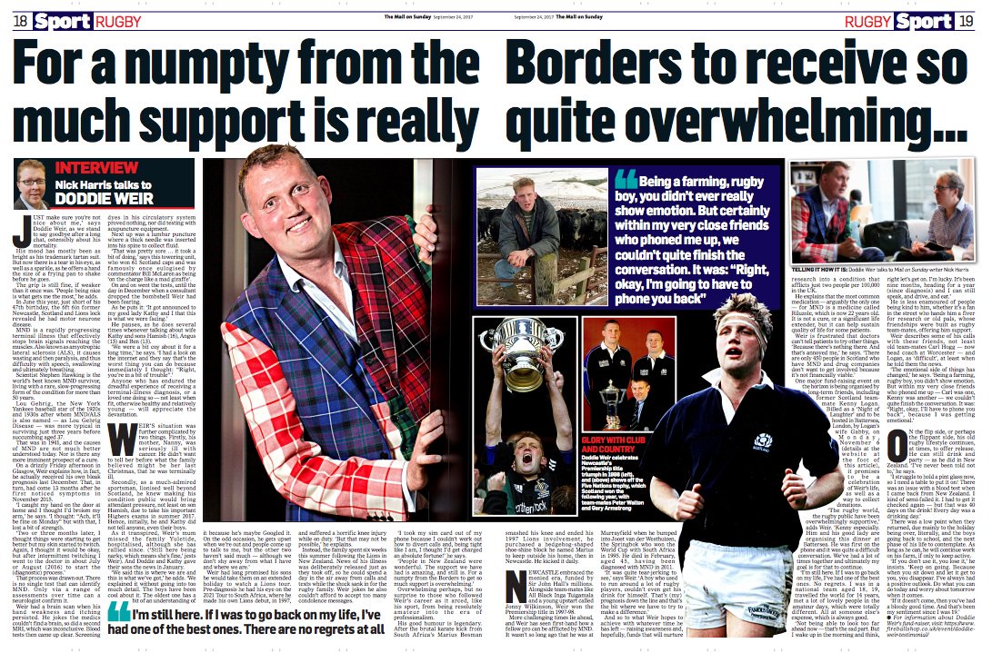 Interview with @doddieweir5 on a life well lived, mortality &amp; friends in a time of need. cc: @kennylogan @gabbylogan
mailonsunday.co.uk/sport/rugbyuni…