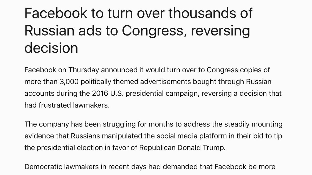 First you've all been hearing about how Russia placed ads on Facebook targeting swing voters w/ lies about Clinton. https://www.washingtonpost.com/business/technology/facebook-to-turn-over-thousands-of-russian-ads-to-congress-reversing-decision/2017/09/21/9790b242-9f00-11e7-9083-fbfddf6804c2_story.html?utm_term=.7fa1bb45123a