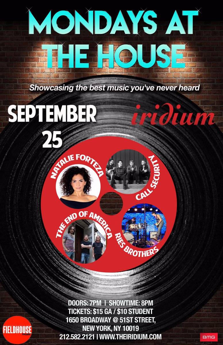 Call_Security's tweet photo. NYC! We're performing at @theiridium Monday for their “Mondays At The House” showcase, hosted by Fieldhouse-BMG. It's gonna be a fun one! https://t.co/6hIJabZh3h