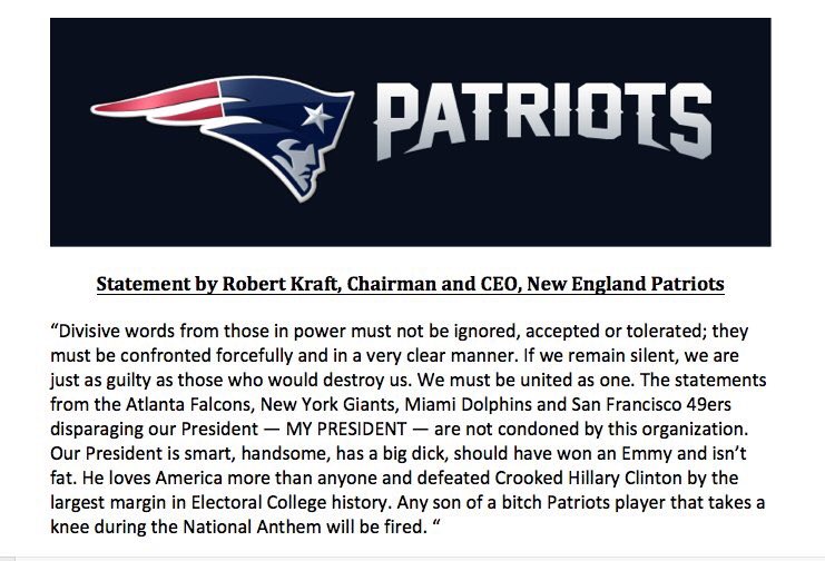 MF_Brown's tweet photo. Robert Kraft, owner of the Patriots, has officially issued his statement. Didn't think he'd take that stance.

Cc: @8deepbb, @CallMeRubesYo https://t.co/UVbLh85E5V
