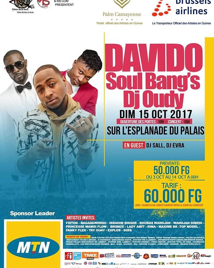 GnakryV's tweet photo. Gnakry Flash :

@Davido en concert live le 15 Octobresur l'esplanadedu palais du peuple 
@Daraba224 @DjamiiOweh  @SoulBangs  @OUDY1er https://t.co/ldmmQ2FGT8
