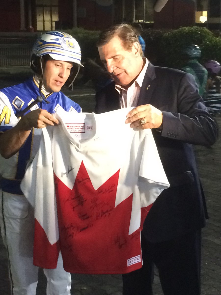 gocashking's tweet photo. @Jamesomac26  - 2017 World Driving Champion - gets a signed Team Canada sweater from Percy Blue Chip owner Serge Savard @mohawkracing https://t.co/3rKijwhK8Q