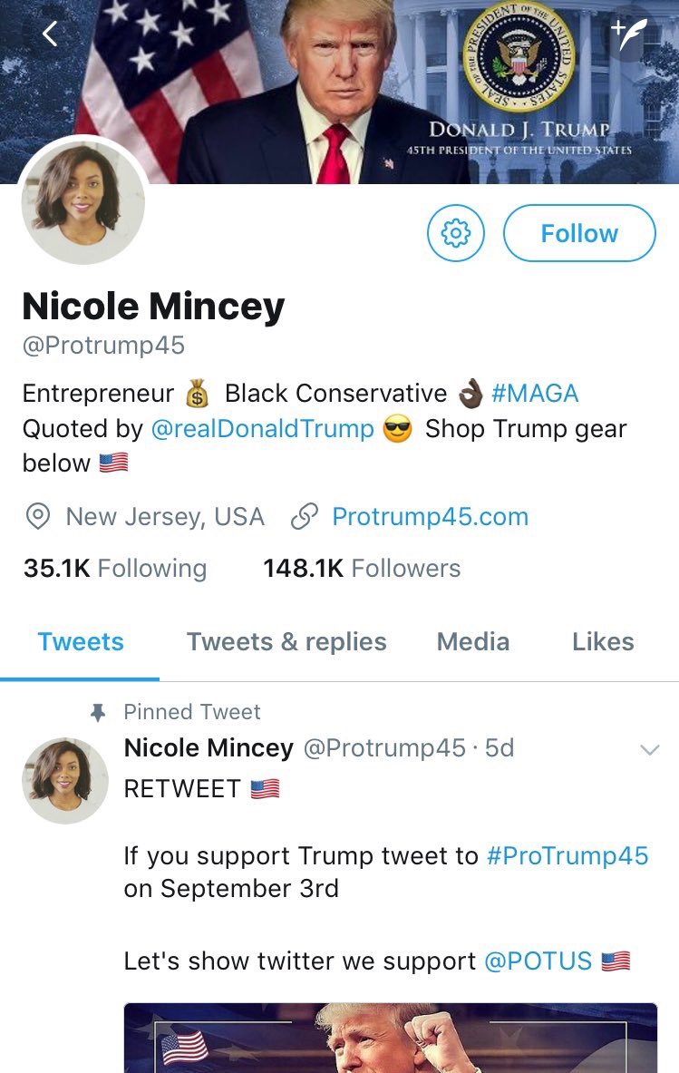 Even after he was elected he was retweeting fake accounts. Like her. Come on. There's no black women for Trump.  http://www.thewrap.com/donald-trump-bot-fake-supporter-nicole-mincy-mincey/