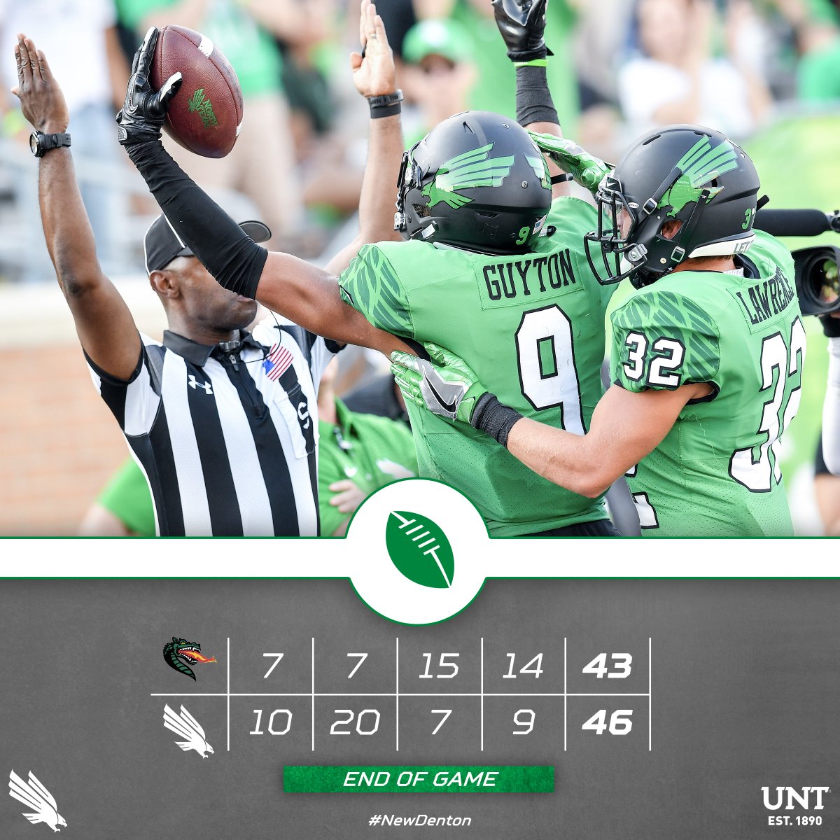 MeanGreenFB's tweet photo. WHAT. A. GAME. 1-0 in conference play! #GMG #NewDenton https://t.co/d1kPKjkpoq
