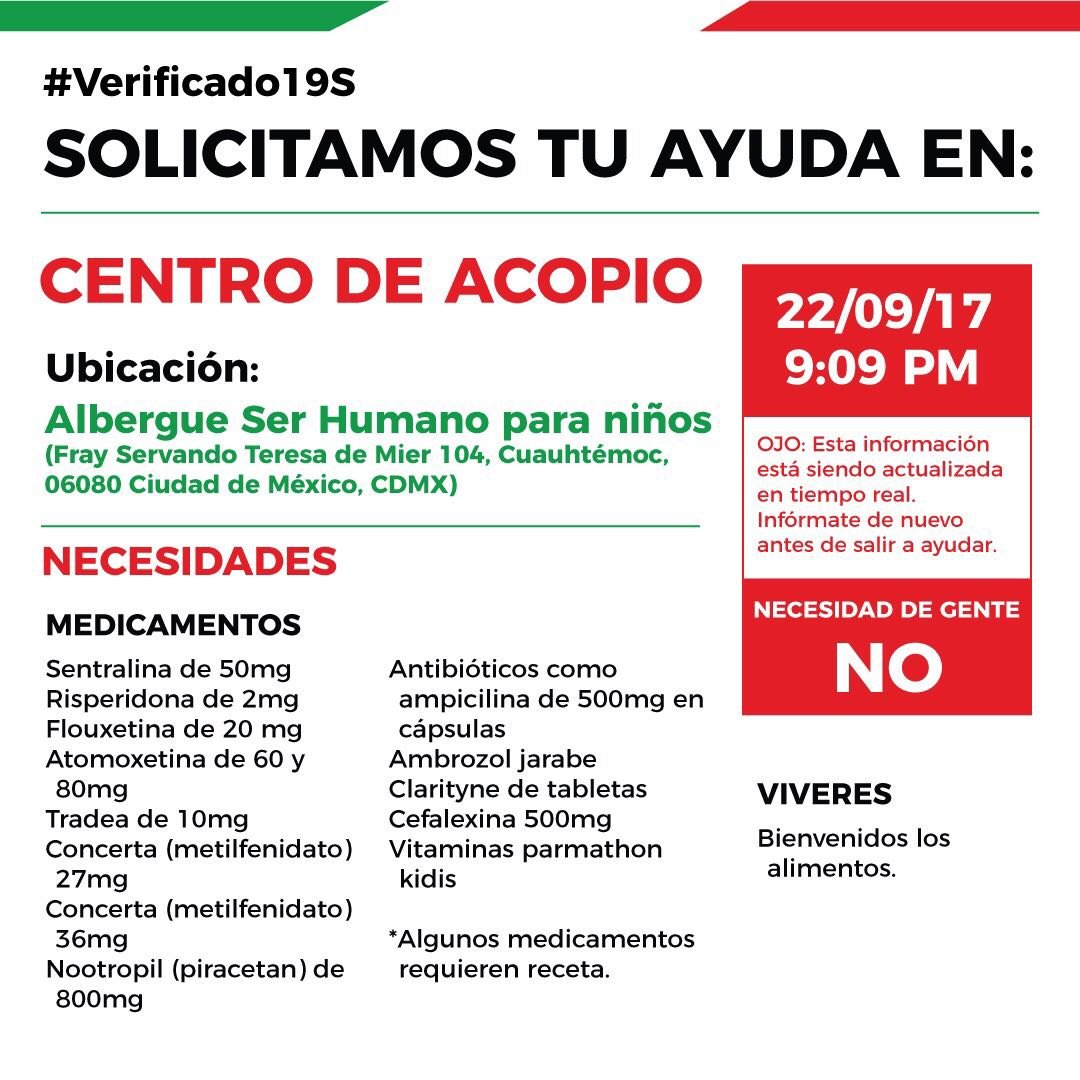 horizontalmx's tweet photo. #Verificado19S: #Acopio Albergue Ser Humano para Niños. #víveres #medicamentos  [21:09 - #CDMX] https://t.co/HkUA8Vuh2m