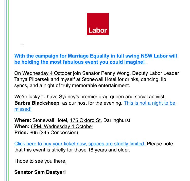 So Yes campaign says "Safe Schools" gender agenda has nothing to do with 🏳️‍🌈 marriage. But <a href="/samdastyari/">Sam Dastyari</a> gets drag queen to host fundraiser.