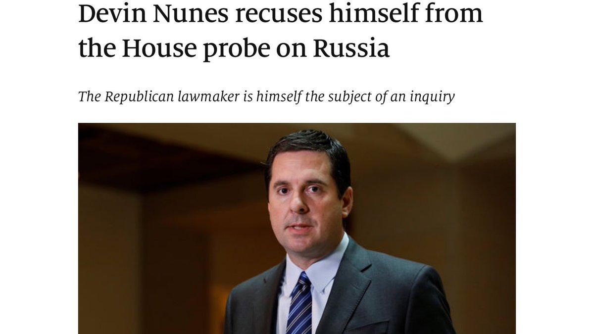 4)Apr House Intel Chair Devin Nunes recuses himself from HIS Russia investigation for secretly passing info to Trump https://www.economist.com/blogs/democracyinamerica/2017/04/after-nunes