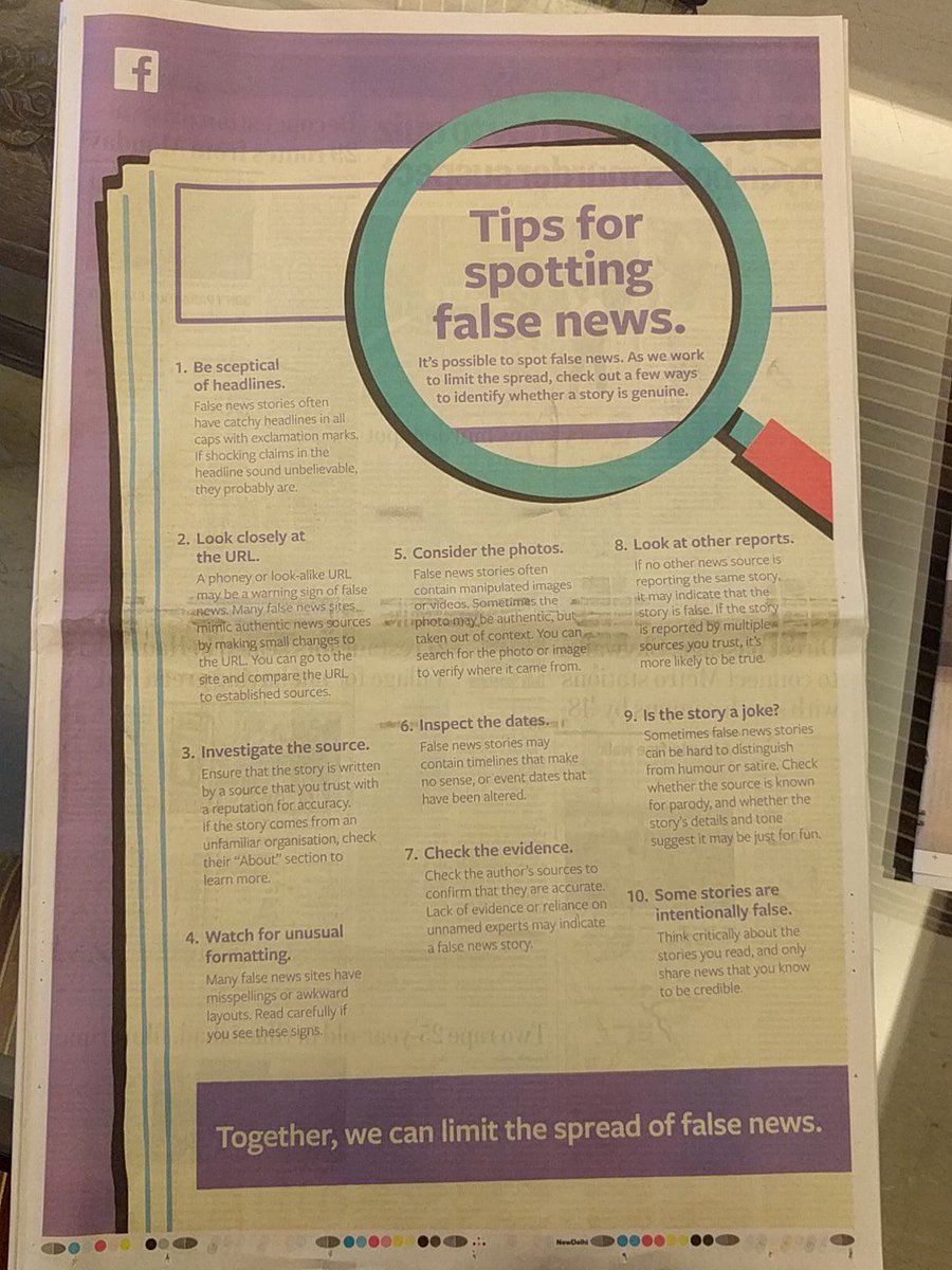 zeenabaneez's tweet photo. @facebook newspaper ad offers advice on spotting #fakenews https://t.co/ipnG5Fhgq8