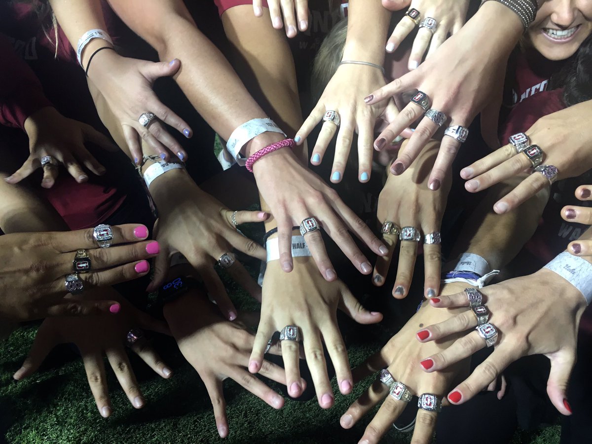 2017 <a href="/NCAA_Water_Polo/">NCAA Water Polo</a> championship rings presented at tonight's <a href="/StanfordFball/">Stanford Football</a> game. All hands in. #homeofchampions