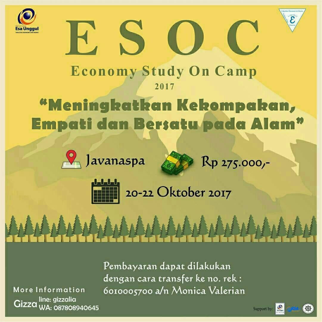 Hallo ekonomia🙌
Esoc adalah Ekonomi Study On Camp. Dimana kita bs lebih akrab bersama keluarga besar FEB. 
Yuk ikutin serangkaian acaranya👍🏼