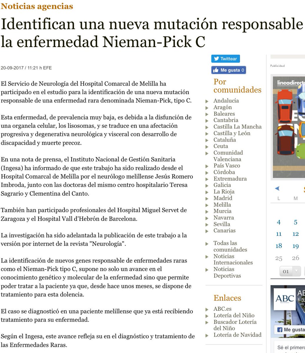 NoInvisibles's tweet photo. Identifican nueva mutación
responsable de enfermedad #NiemanPick C
X @Ingesa_Melilla resultados de nuevo tratamiento
https://t.co/gJD5QTRKmT https://t.co/jGZFxwc0yR