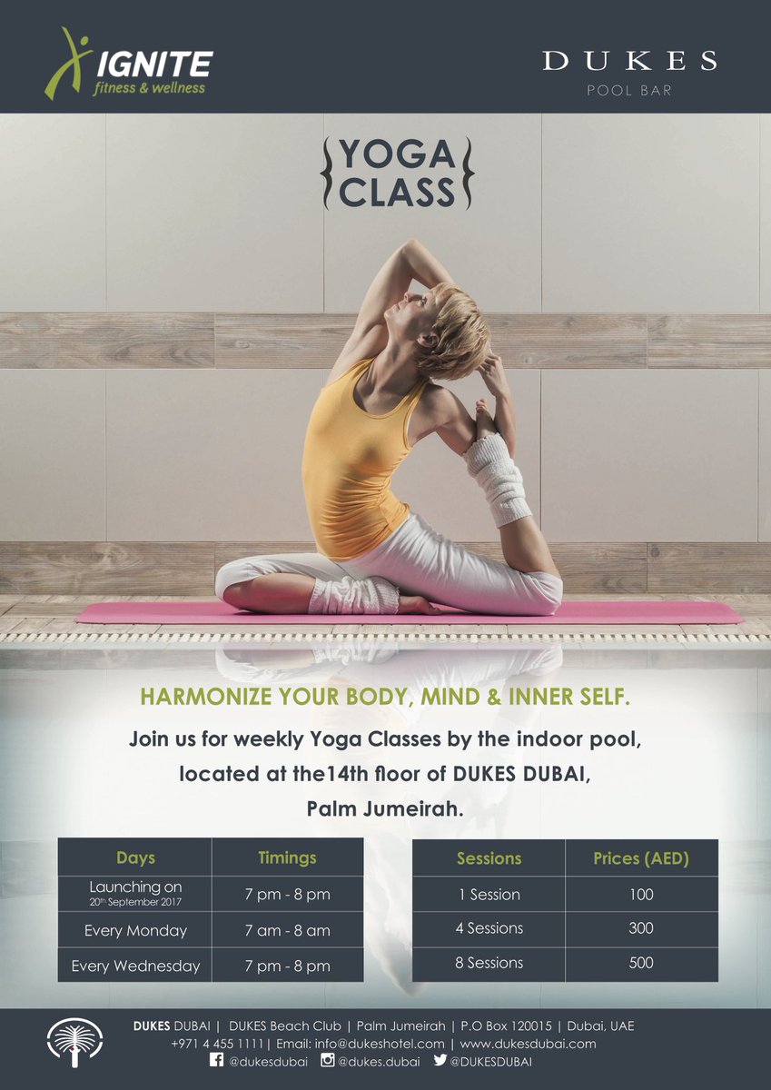 IgniteSurface's tweet photo. FREE YOGA tomorrow 7am-8am at @DUKESDUBAI  on the 14th Floor next to the pool. Mats provided we look forward to seeing you there! #Yoga #DXB https://t.co/Fm6UNUF9gd