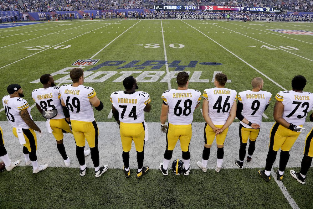 BleacherReport's tweet image. Steelers will not participate in national anthem today, will stay in locker room, per @JamieErdahl