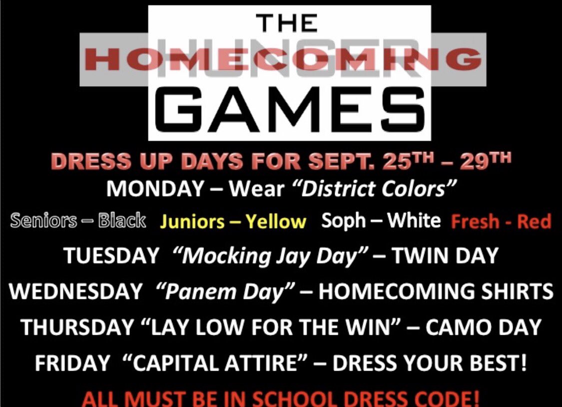 Tomorrow starts SGP "Hunger Games" Homecoming Week! Show your school spirit  and dress up!