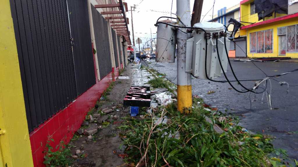A street littered with downed branches and storm debris.