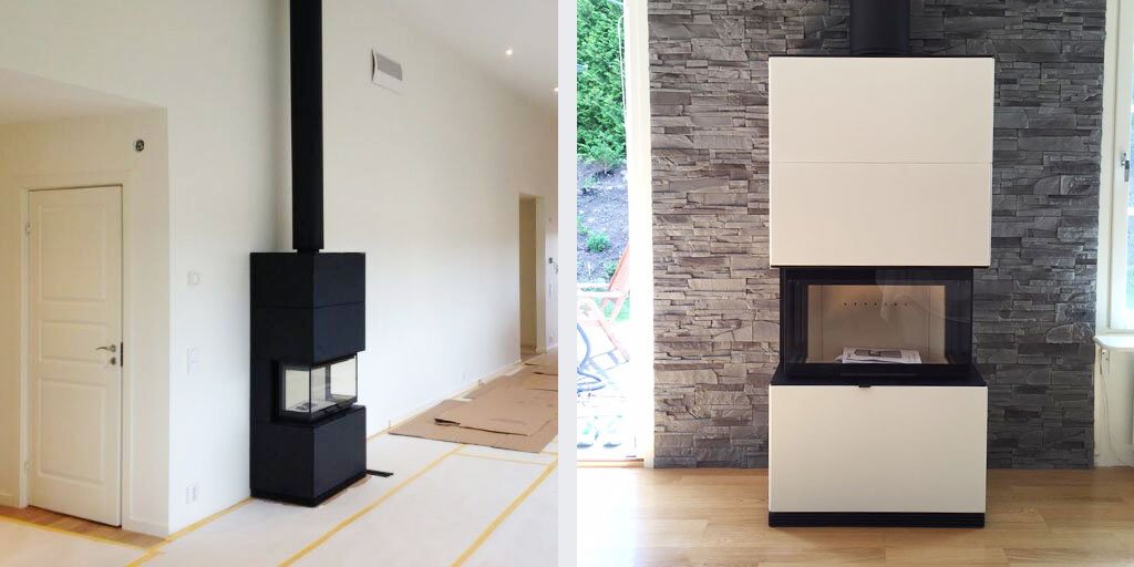 Modern insert for energy efficient houses, with generous glass areas on three sides. #contura #fireplace #insert bit.ly/2oecXLn