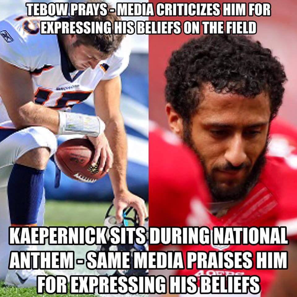 RNRFlorida's tweet photo. Flashback: 
#TimTebow Prays 
#Colin_Kaepernick Sits 

#TakeAKnee 
#BoycottNFL 

#RedNationRising https://t.co/BjY8dBmiPx