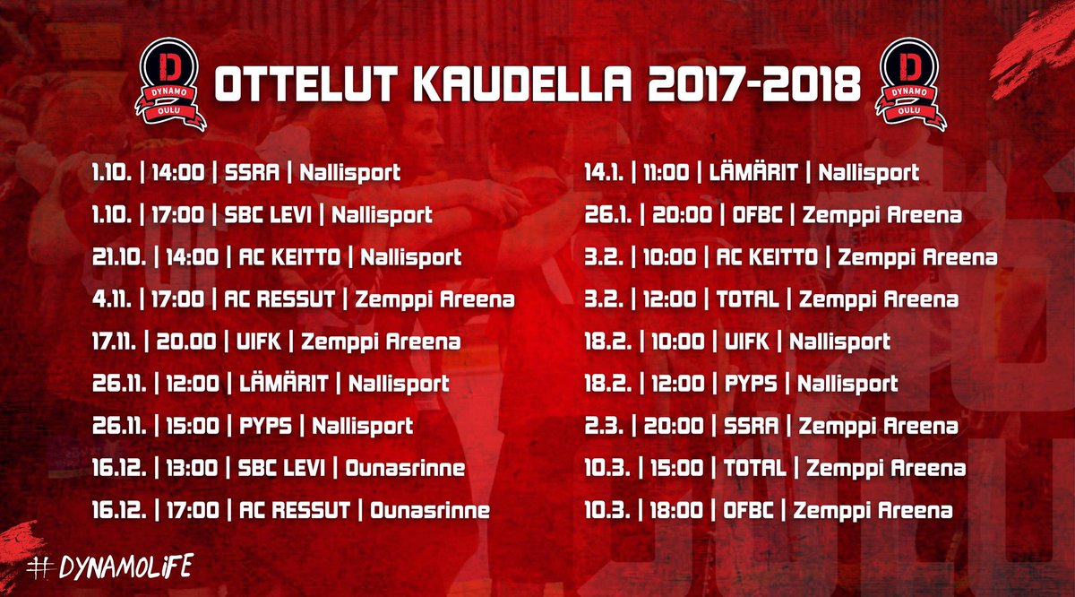 DynamoKempele's tweet photo. Viikon päästä kausi alkaa!
Tässä Dynamon ottelut tulevalla kaudella.
#dynamolife #salibandy #oulu #salming https://t.co/mFl2tSIDgx