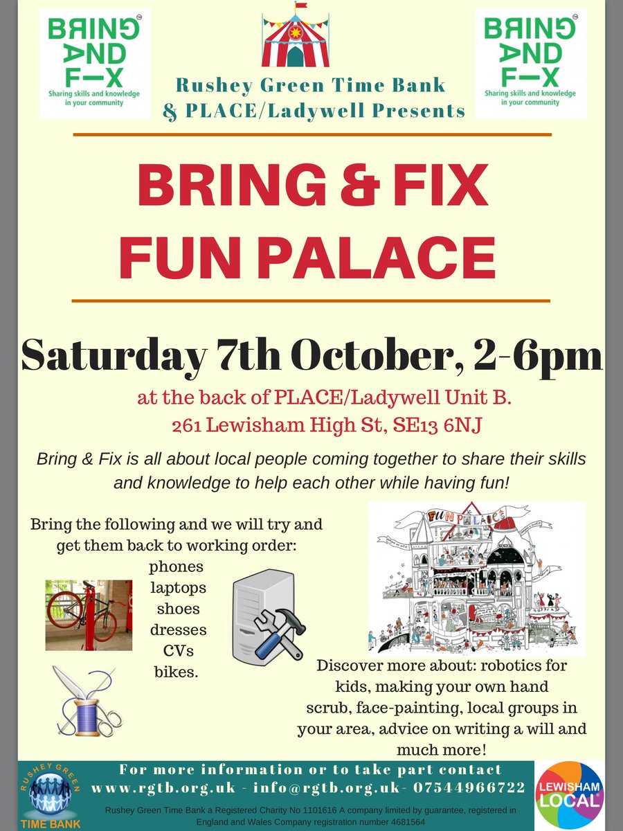 Got something that needs fixing? 🔨Bring it along to <a href="/RGTB/">RusheyGreenTimebank</a>‘s Bring &amp; Fix event | Sat 7 Oct | Get in touch if you can fix things! |#Lewisham