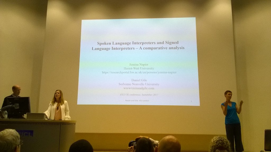 rachelmapson's tweet photo. #ASLI2017 @ASLIuk @JeminaNapier & Prof Daniel Gile on good vibrations in interpreting! https://t.co/gysOE2Xhez