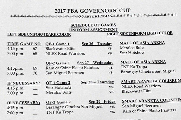 barangayginebra's tweet photo. LOOK: #PBA2017 Quarterfinals Schedule https://t.co/FM6CcOpxfG