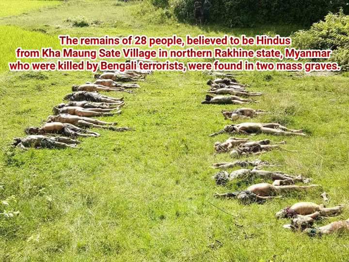 The remains of 28 people,most likely Hindus
believed to be killed by Bengali terrorists,were found in two mass graves.
#RealDotardTrump
#UN