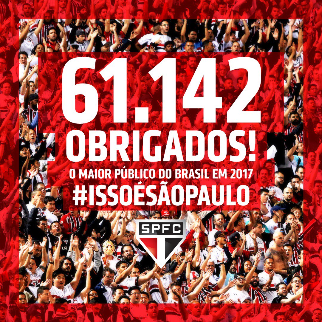 SaoPauloFC's tweet photo. Público e renda no #Morumbi: 
PT: 61.142
RB: R$ 1.719.056,00
RL: R$ 1.243.646,95

Recorde de público do Brasil em 2017! #IssoÉSãoPaulo! https://t.co/7YI2Svhzc2