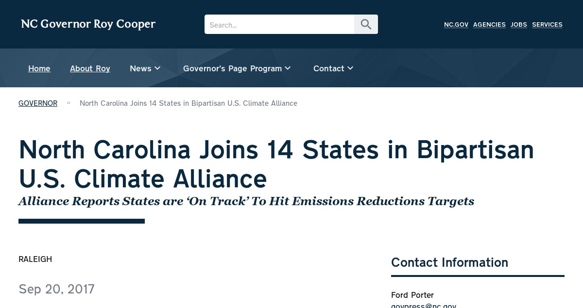 North Carolina Joins 14 States in Bipartisan U.S. Climate Alliance governor.nc.gov/news/north-car…