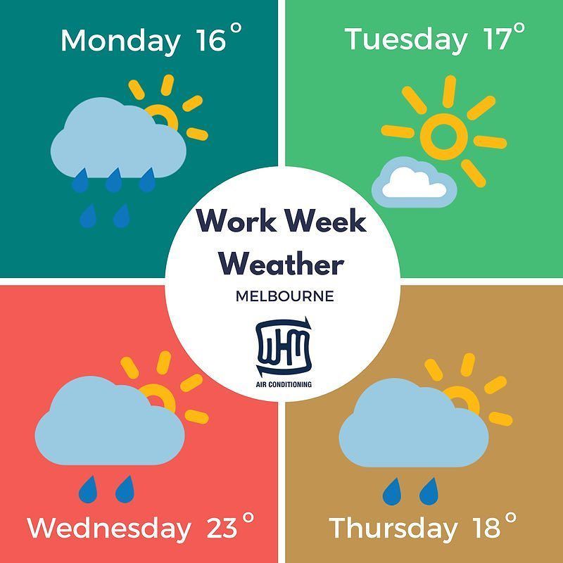 rosannahc_whm's tweet photo. Have a great week! 👍#heatingandcoolingmelbourne #melbourneweather #workweekweather #melbourne #whmair #airconditio… https://t.co/QaJMFbsqnG https://t.co/7egchkVjv3