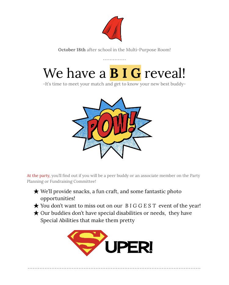 Get excited for our Match Party on October 18th!! It will be after school in the MPR! We can’t wait for you to meet your buddy!❤️💛💙