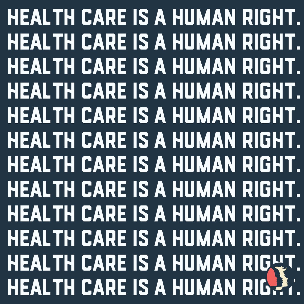 A blue background with white text. Written 12 times going down vertically is the sentence "health care is a human right".