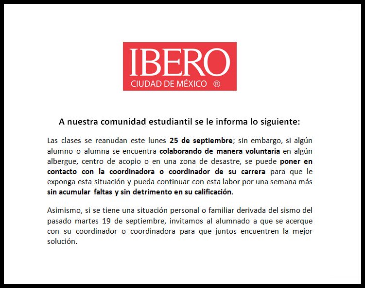 #AVISO A nuestros alumnos y alumnas que participan en albergues, centros de acopio y/o en brigadas tras el #sismo del pasado martes: