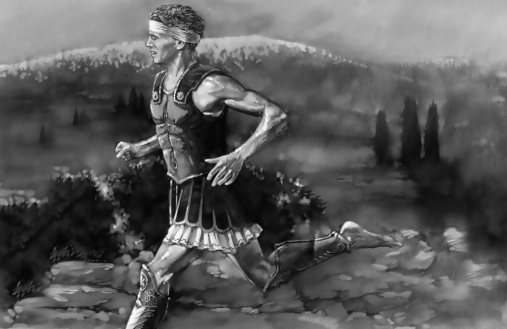 Pelea, Filípides se ofreció a correr la distancia entre Maratón y Atenas y dar la noticia, al llegar gritó "Nike" (victoria) y falleció de..