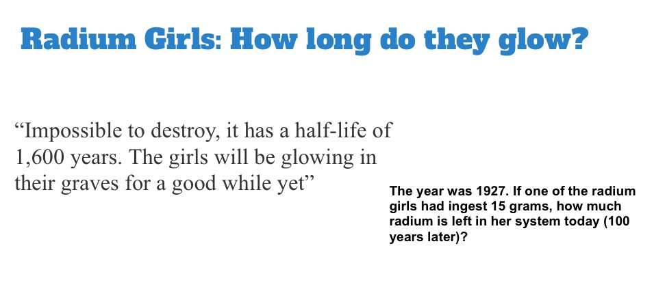 MsTemes's tweet photo. Radium Girls: the math behind history.. how long will they glow? Learning about exponential decay and half life formulas in class tomorrow https://t.co/rXLZhNw4Nt