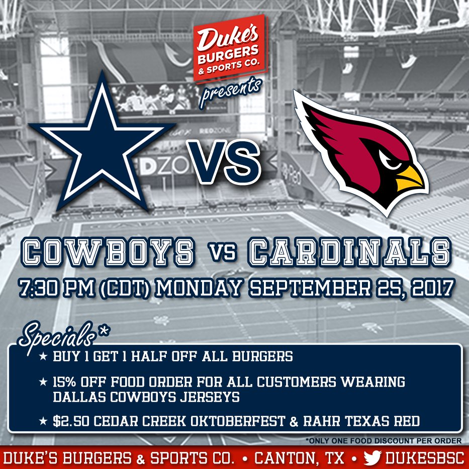 Tomorrow night the fun continues with the Cowboys vs the Cardinals! We've got great specials for the game! Come hang out tomorrow! #dukesbsc