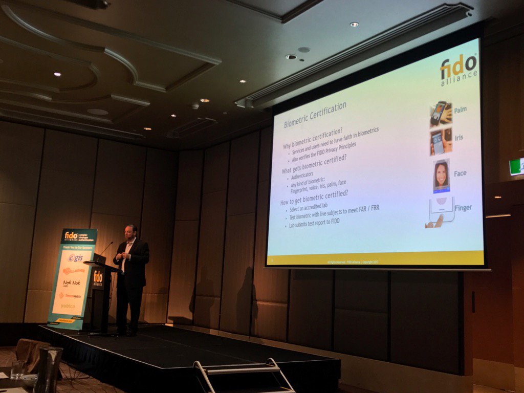 FIDOAlliance's tweet image. .@apowers313 talking #FIDOCertified including forthcoming #biometric certification efforts. #FIDOseminar