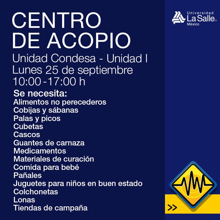 LaSalle_MX's tweet photo. Mañana retomamos nuestra colecta de ayuda en el Centro de acopio de nuestro Campus #Condesa. ¡Súmate! #FuerteMexico https://t.co/JHbMa9pmLr