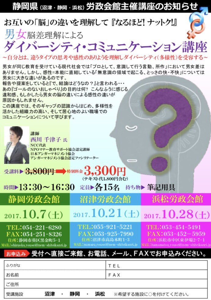 N C C On Twitter 静岡県労政会館主催 男女脳差理解によるダイバーシティコミュニケーション講座開講 10月28日日浜松労政会館で開講です お問い合わせはdmまたは浜松労政会館053 454 5191へ 浜松労政会館 浜松市 男女脳差理解によるダイバーシティ